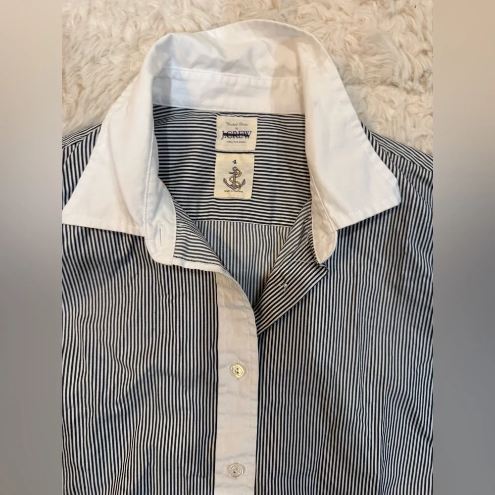 J. Crew Blue Micro-Stripe Button-Up Blouse with White Trim